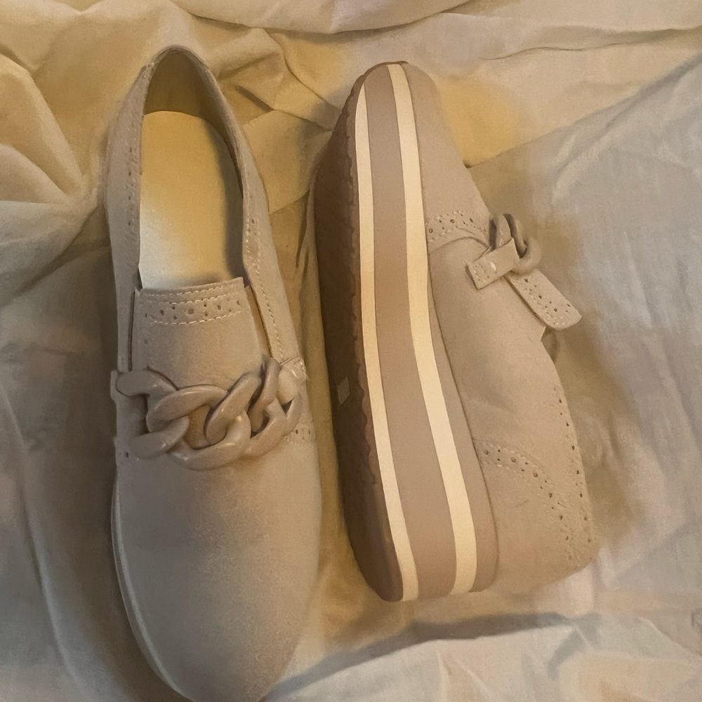Beige Suede Loafers with Chain Detail